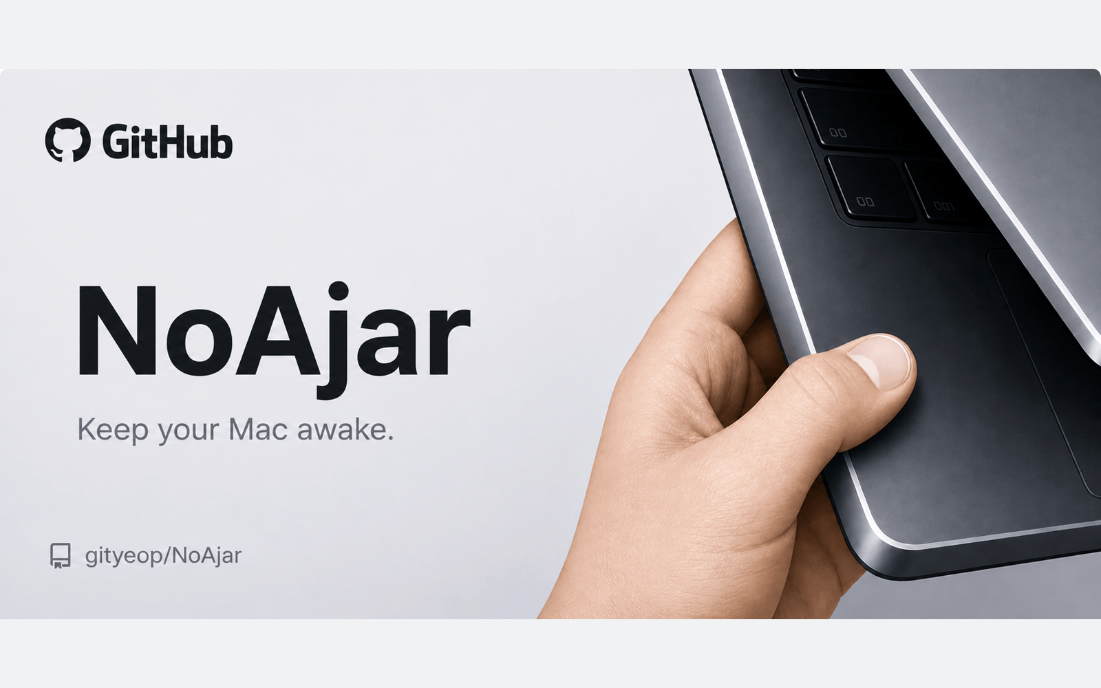 노트북을 든 손과 Keep your Mac awake 문구가 있는 NoAjar 대표 이미지
